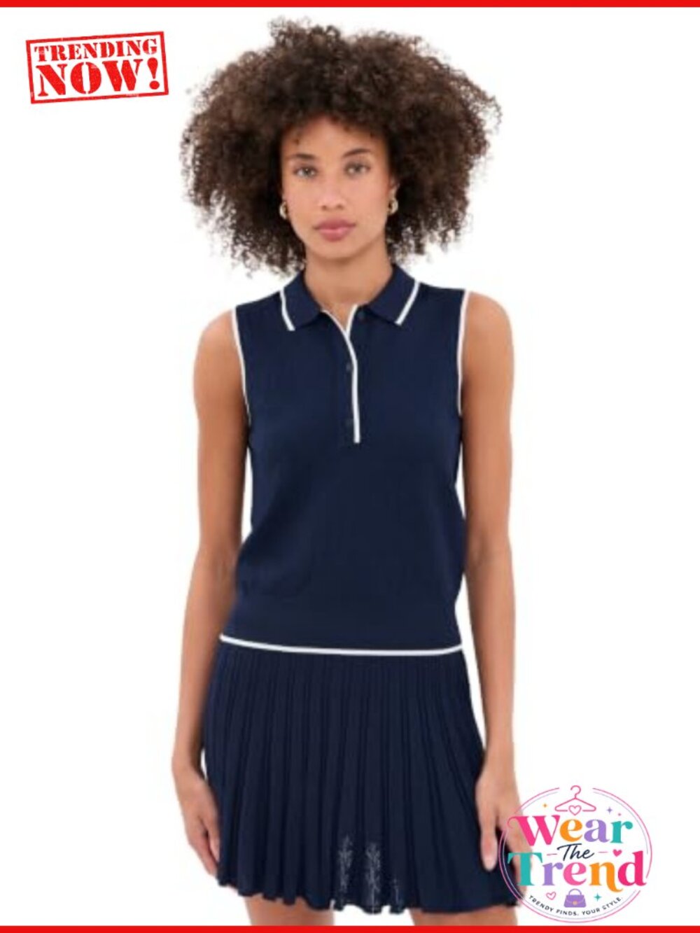 Pointelle Knit Sleeveless Polo Top Contrast Stripes Partial Button Placket